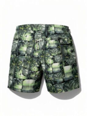 Men’s XL Swim Trunks/Shorts Tropical Print, Shades of Green/White, Newport Blue